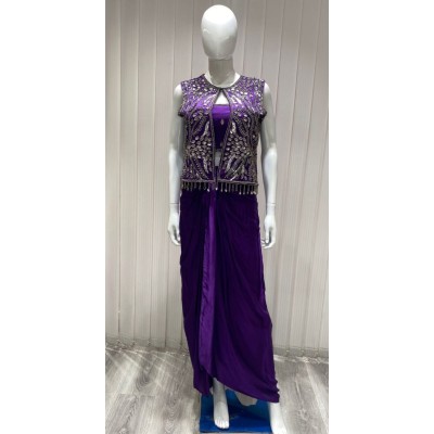 brinjal purple indo west with drape skirt and waist coat