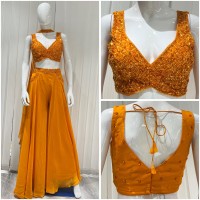 orange indowest palaxzo with v neck handwork top
