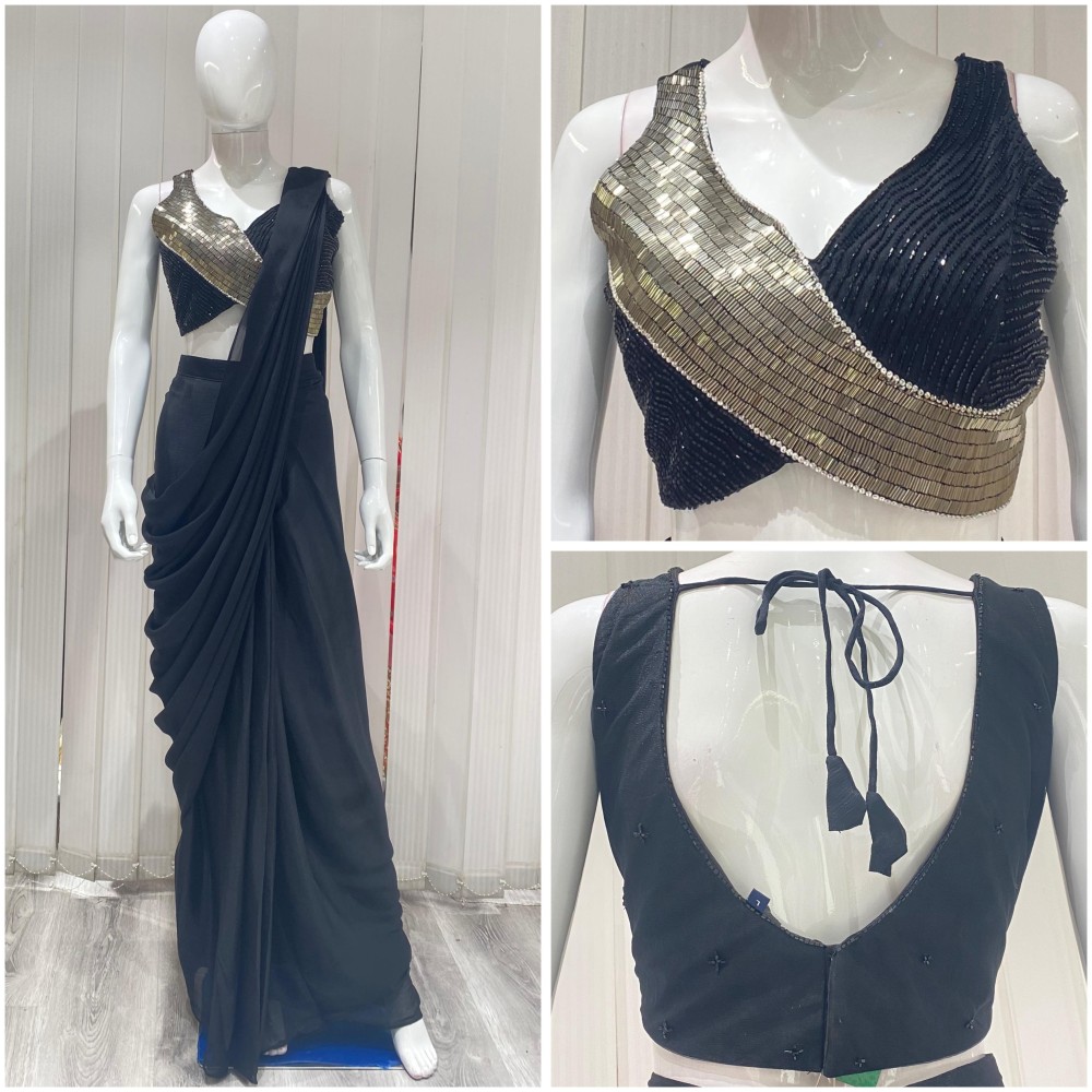 black ready made saree eith silver metallic top
