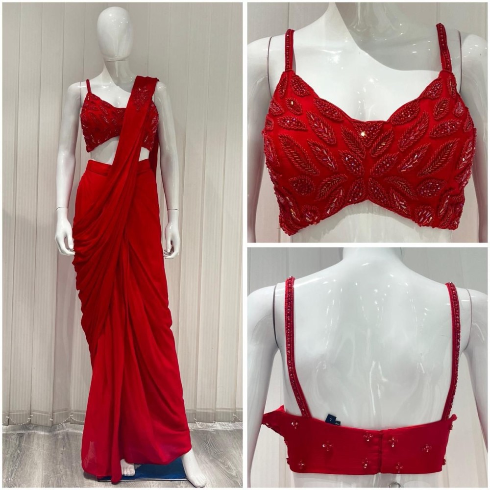 red ready made saree with strappy hand embroidered top