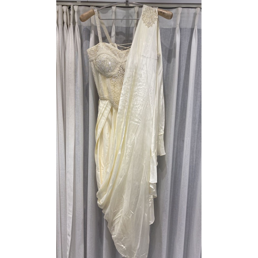 beige white soft fabric ready saree with corset top
