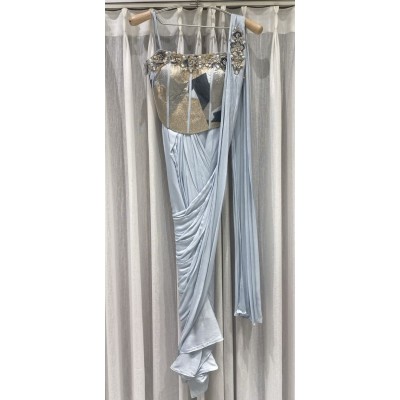 powder greyish blue ready saree with corset top indowest