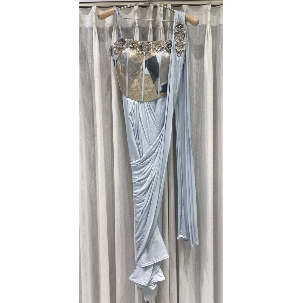 powder greyish blue ready saree with corset top indowest